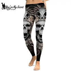 [You're My Secret] Women's Gothic Mid Waist Leggings Skull Printed Trousers Sexy Female Casual Streetwear Elastic Pants