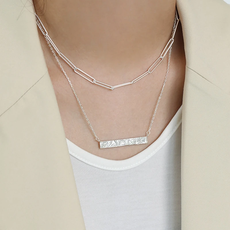 Silvology 925 Sterling Silver Tinfoil Texture Square Flake Necklace for Women Elegant Temperament Necklace Minimalist Jewelry