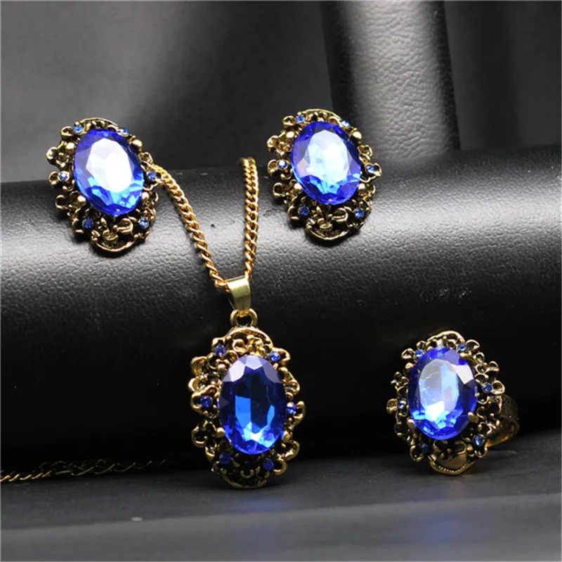 Princess Kate Crystal Blue Jewelry Sets 18k Gold Plated Emerald Green Wedding Necklace Earring Ring Womens Dubai Gold Jewellery