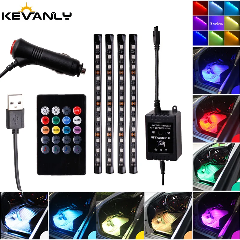 

1set 4 in 1 RGB LED Strip Interior light Atmosphere Lights With USB/Cigarette lighter Wireless Remote Music Control Multi-mode