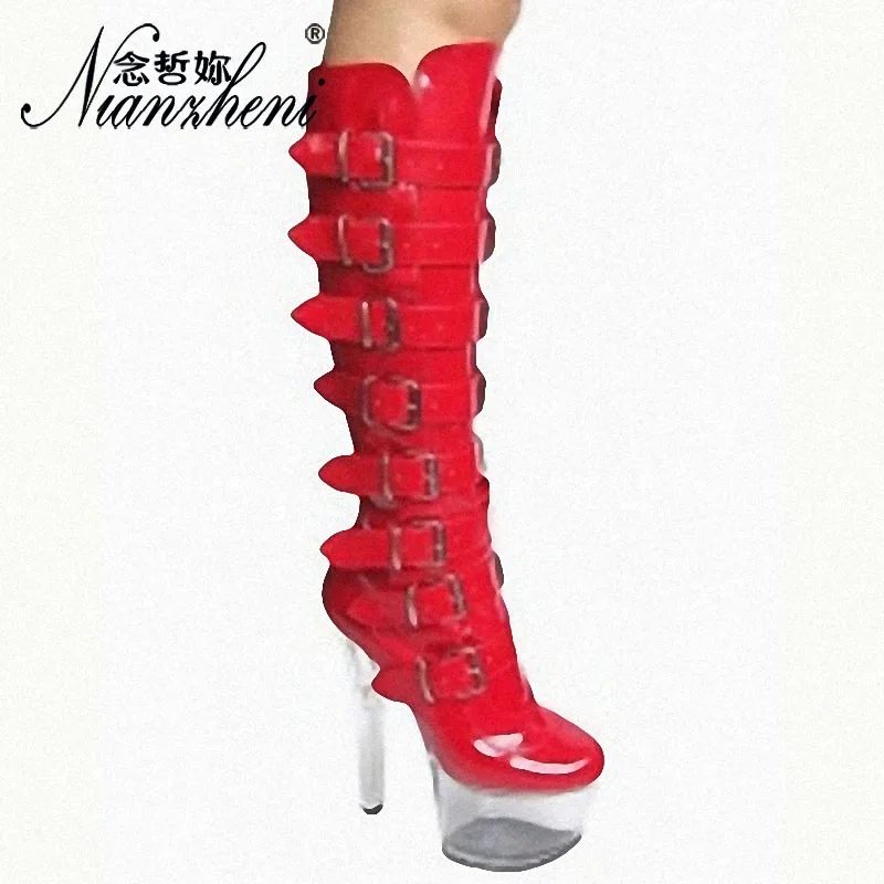 Sexy Belt Buckle Patent Leather Women Boots 15CM High Stripper Heeled Pole Dance Shoes 6 Inches Thick Platform Fashion Nightclub