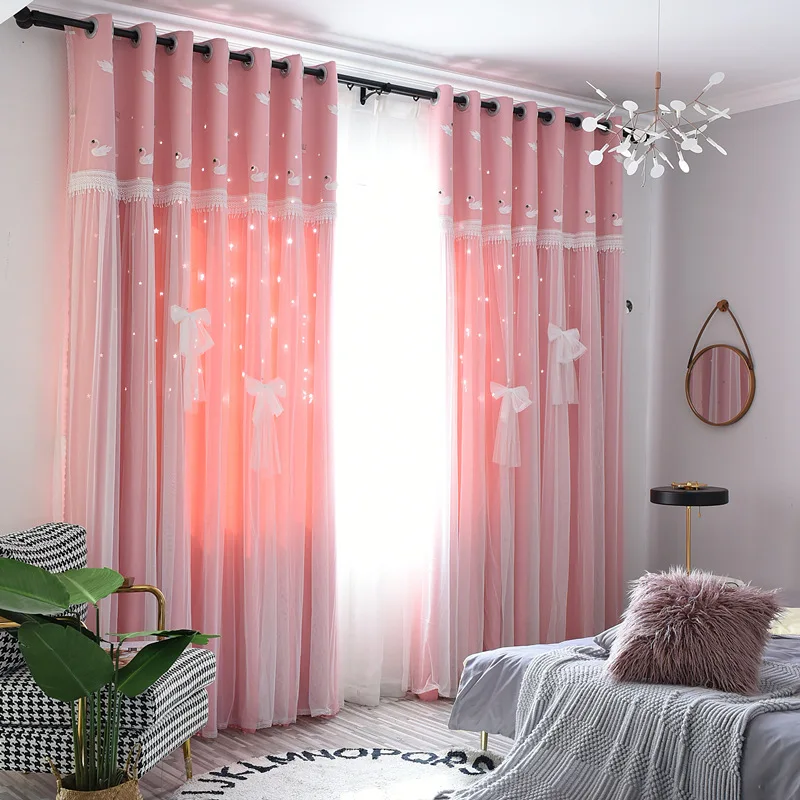 

New Design Embroidered Double Layer Blackout Star Hollow Curtains with Lace Tulle Fabric for Home Living Room Window Decor