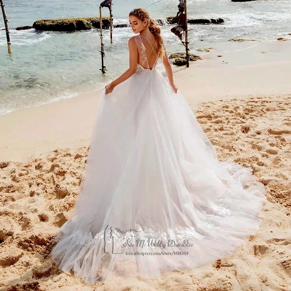 Summer Sexy Backless Wedding Dresses for Beach Weddings Floral Applique Bride Gowns 2021 Cross-Criss Princess Mariage