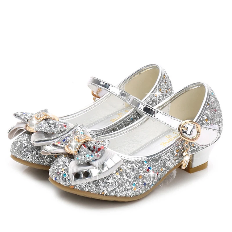 Princess Kids Leather Shoes for Girls Flower Casual Glitter Children High Heel 2020 Girls Shoes Butterfly Knot Blue Pink Silver