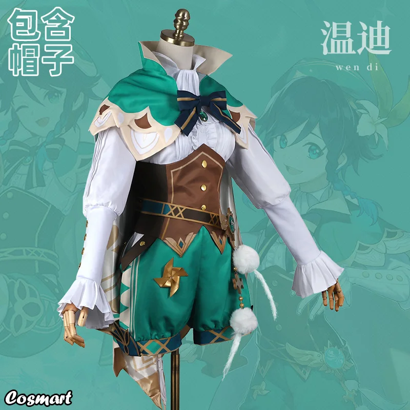 Anime Genshin Impact Venti Game Suit Green Lovely Uniform With Cloak Hat Cosplay Costume Halloween Outfit For Women Girls New 20