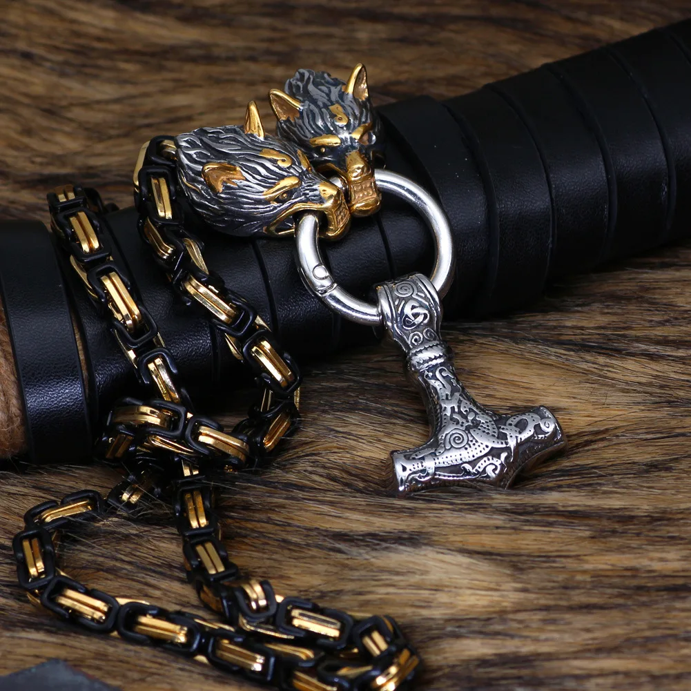 Punk Retro Gold Color Byzantine Chain Viking Wolf Head Necklace Men Hiphop Black Stainless Steel Thor Hammer Pendant Jewelry