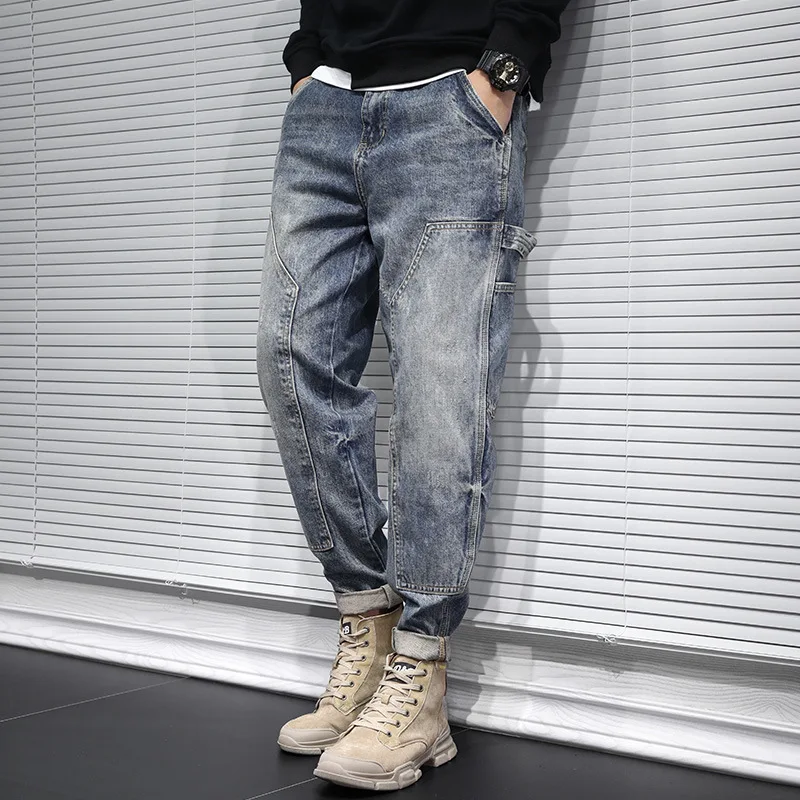 Autumn and winter 2021 brand cowboy cargo tooling jeans men\'s Korean loose large size retro feet teenager Harlan straight pants