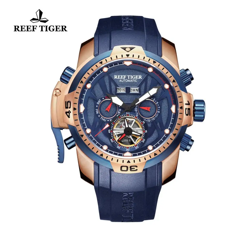 Reef tiger/rt-relógio esportivo laranja, à prova d'água, luminoso, calendário permanente, automático, mecânico, novo rga3532