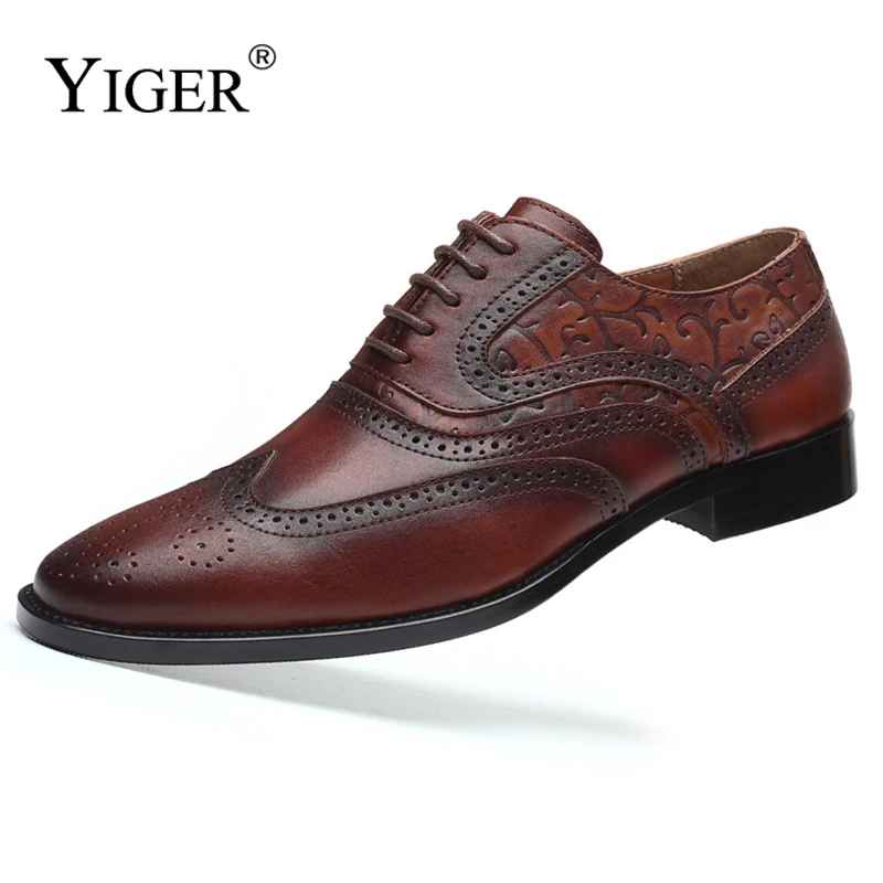 YIGER New Men's dress shoes Oxford shoes genuine leather Brogue Carved Business shoes lace-up Brown Black Formal shoes 2023