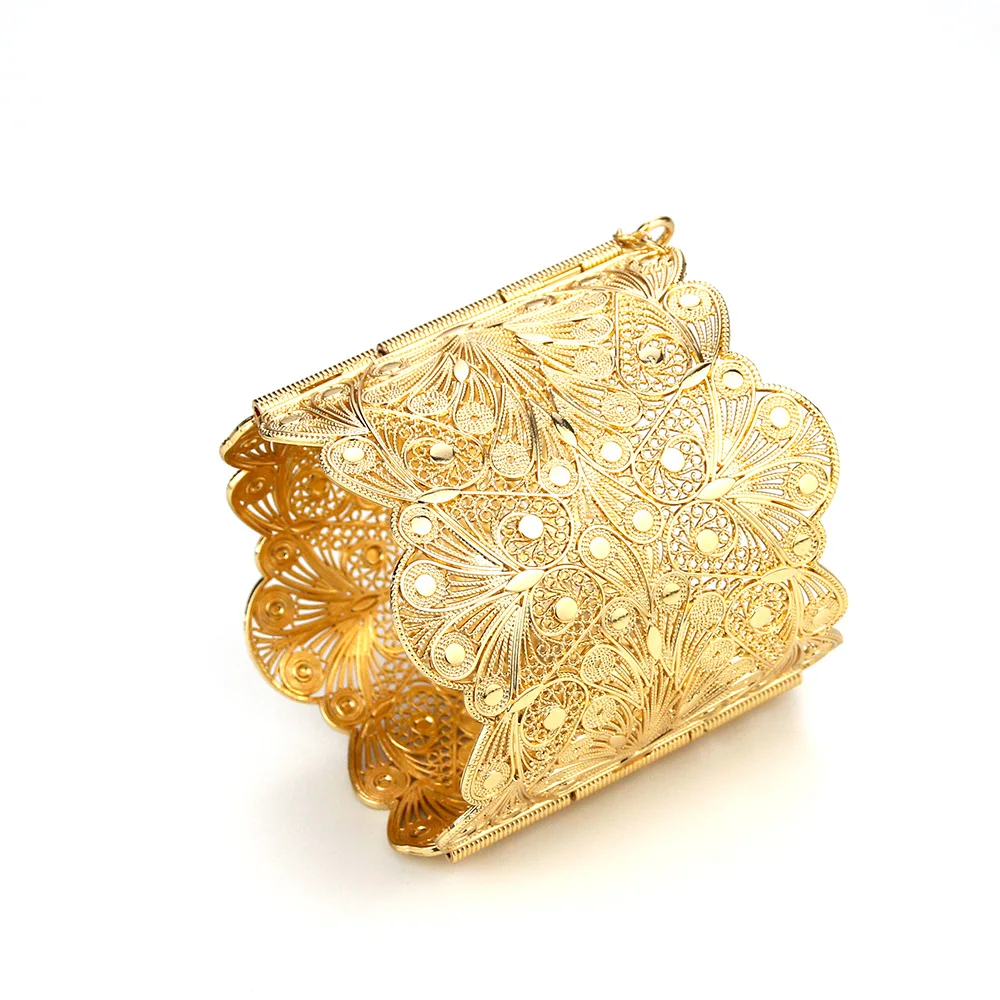 Sunspicems Gold Silver Color Big Size Algeria Morocco Women Bangle Hollow Pattern Cuff Bracelet African Bride Wedding Jewelry
