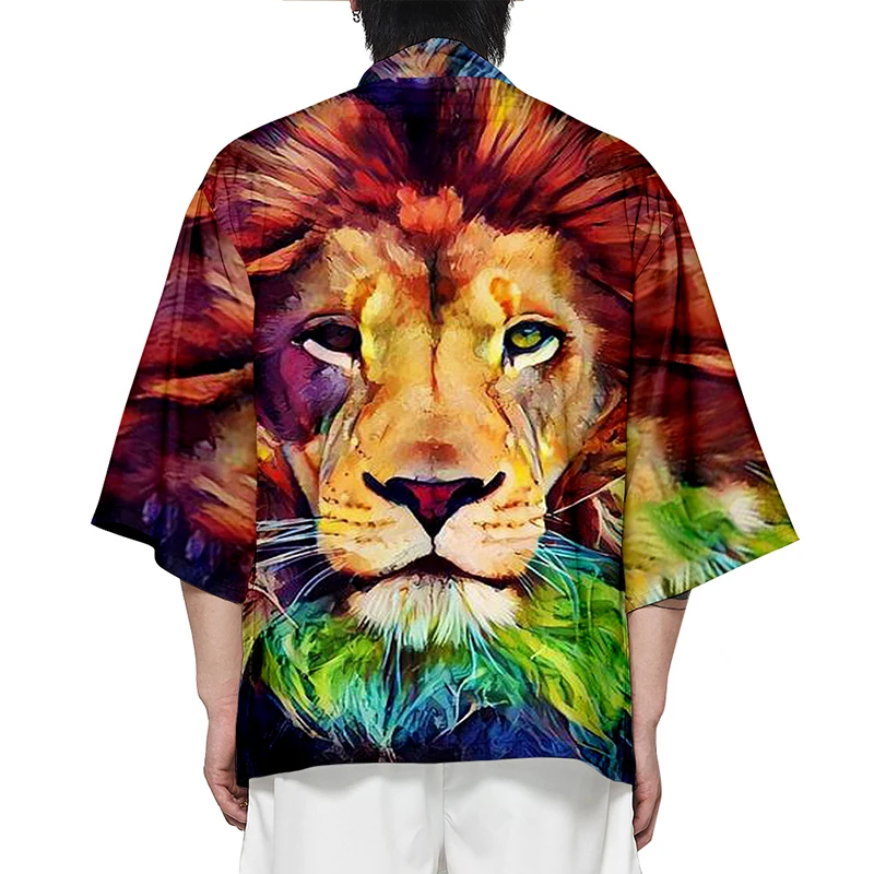 Lion Animal Gradient Kimono Fashion Hip Hop 3d Print Shirt Men Seven Point Sleeve Tops Casual Sports Cardigan Jackets Streetwear