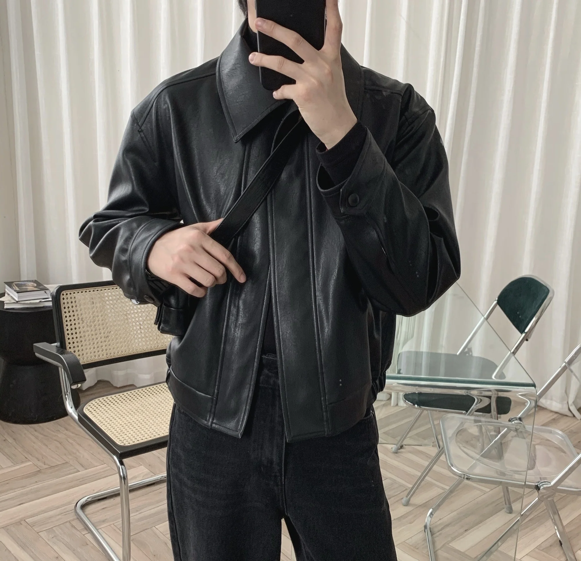 

Autumn 2022 Winter Fashion Casual Loose Soft Leather Jacket Turn-down Collar Jackets Men Biker Jacket Male Leather Coats B644
