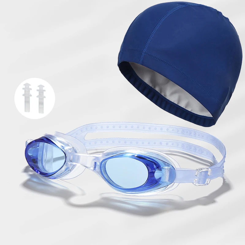 3in1 Waterproof Men Women Swimming Pool Goggles Set Water Sport Eyewear wi/ Earplugs PU Coating Fabric Swim Caps Hat Accessories