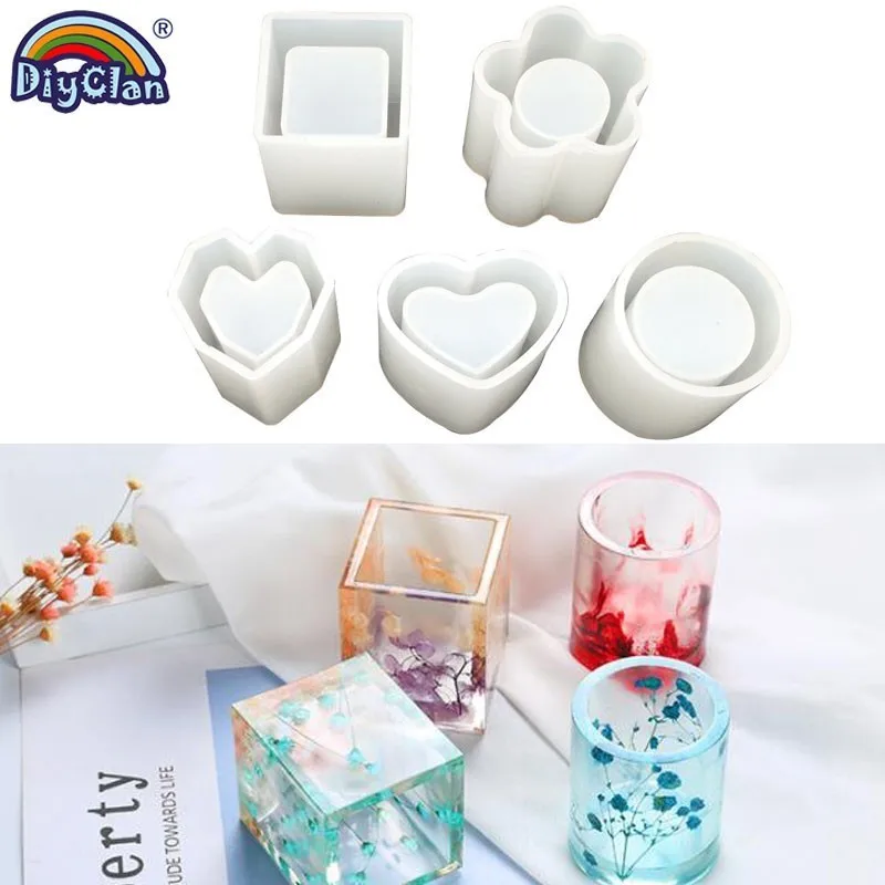 Diy Cuboid Cylinder Pen Container Epoxy Silicone Mold Handmade Sleek Heart Flower Shape Cylinder Mold For Resin Art Craft Tools