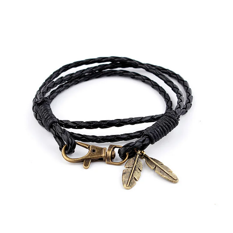 Vintage Leaf Feather Multilayer Leather Bracelet Men Fashion Braided Handmade Keychain Rope Wrap Bracelets &Bangles Male Gift