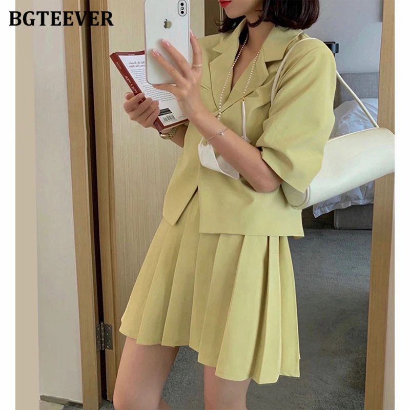 BGTEEVER Stylish Women Skirt Suits Double Breasted Jackets & High Waist A-line Mini Skirts Elegant Female 2 Pieces Blazer Set