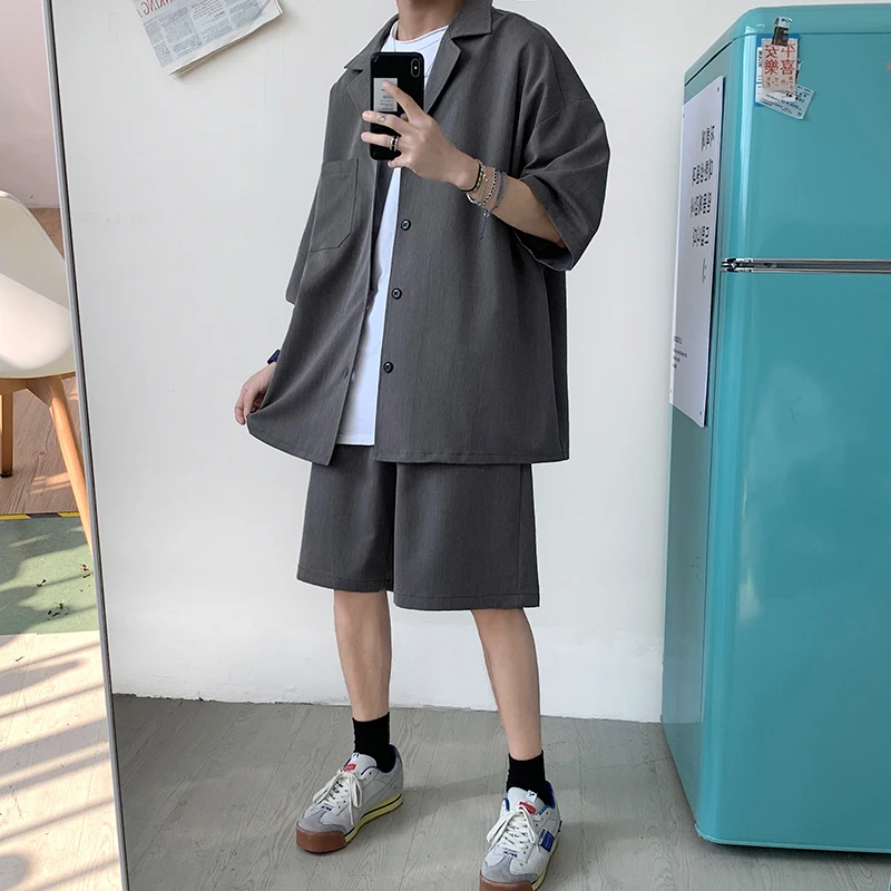 Summer 2 Piece Set Men Suit Jacket and Shorts Oversized Clean Fit Male Clothes Korean Style Casual Loose Short Shirt Outfits Man