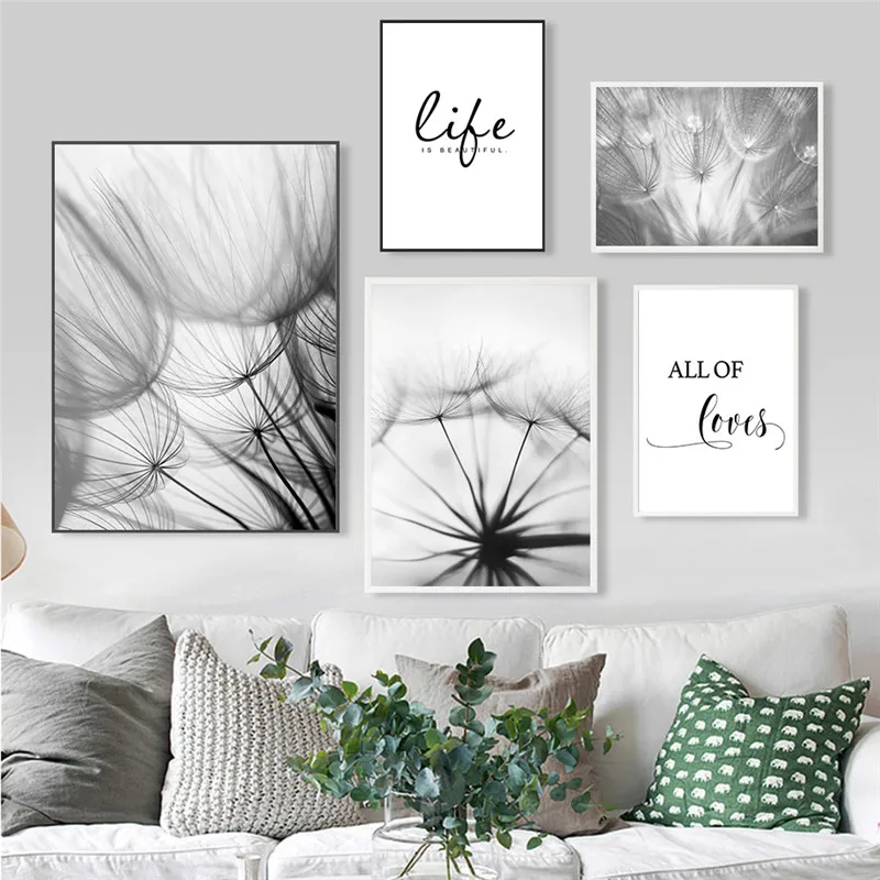 

Nordic Dandelion Art Canvas Painting Posters And Prints Black White Loves Life Quotes Wall Pictures For Living Room Decor