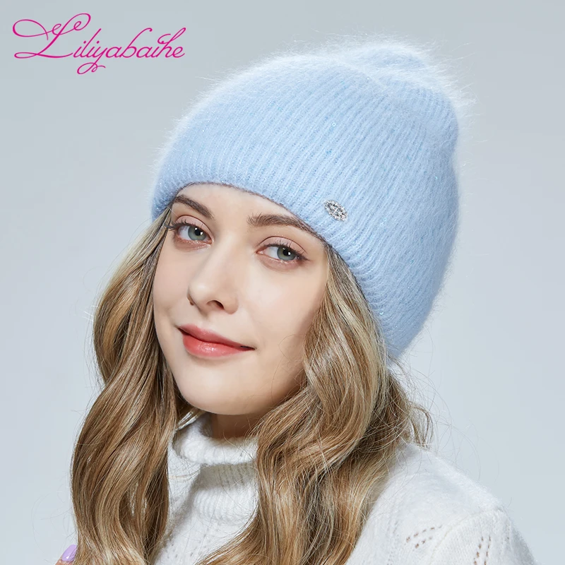 

Liliyabaihe Women Knitted Winter Hat Angora wool Skullies Traditional craft classic decoration 10 colors