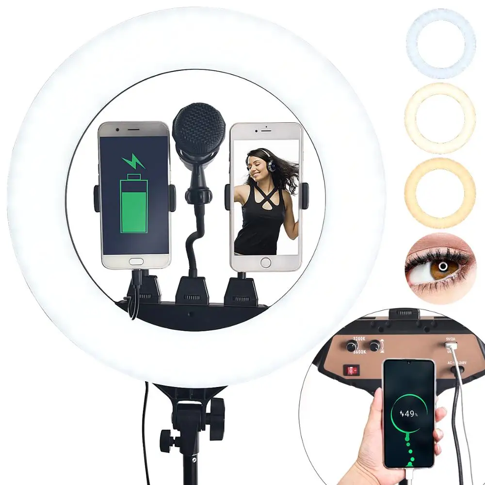 Fusitu 18 Inch Chụp Ảnh Chiếu Sáng Đèn Ring Led Bi-Màu Sắc Đầy Vòng Đèn Chân Máy Và USB Dành Cho Máy Ảnh điện Thoại Trang Điểm Youtube