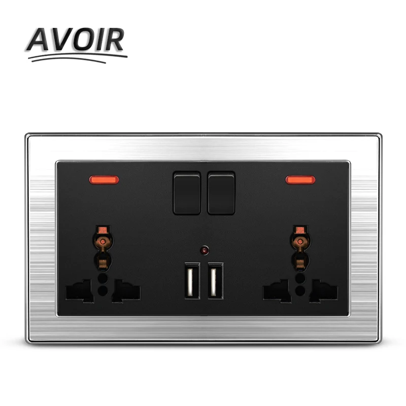 Avoir Universal Standard Socket 13A Dual USB Port Power Outlet Multifunction 3 Hole 5 Hole Double Socket Stainless Steel