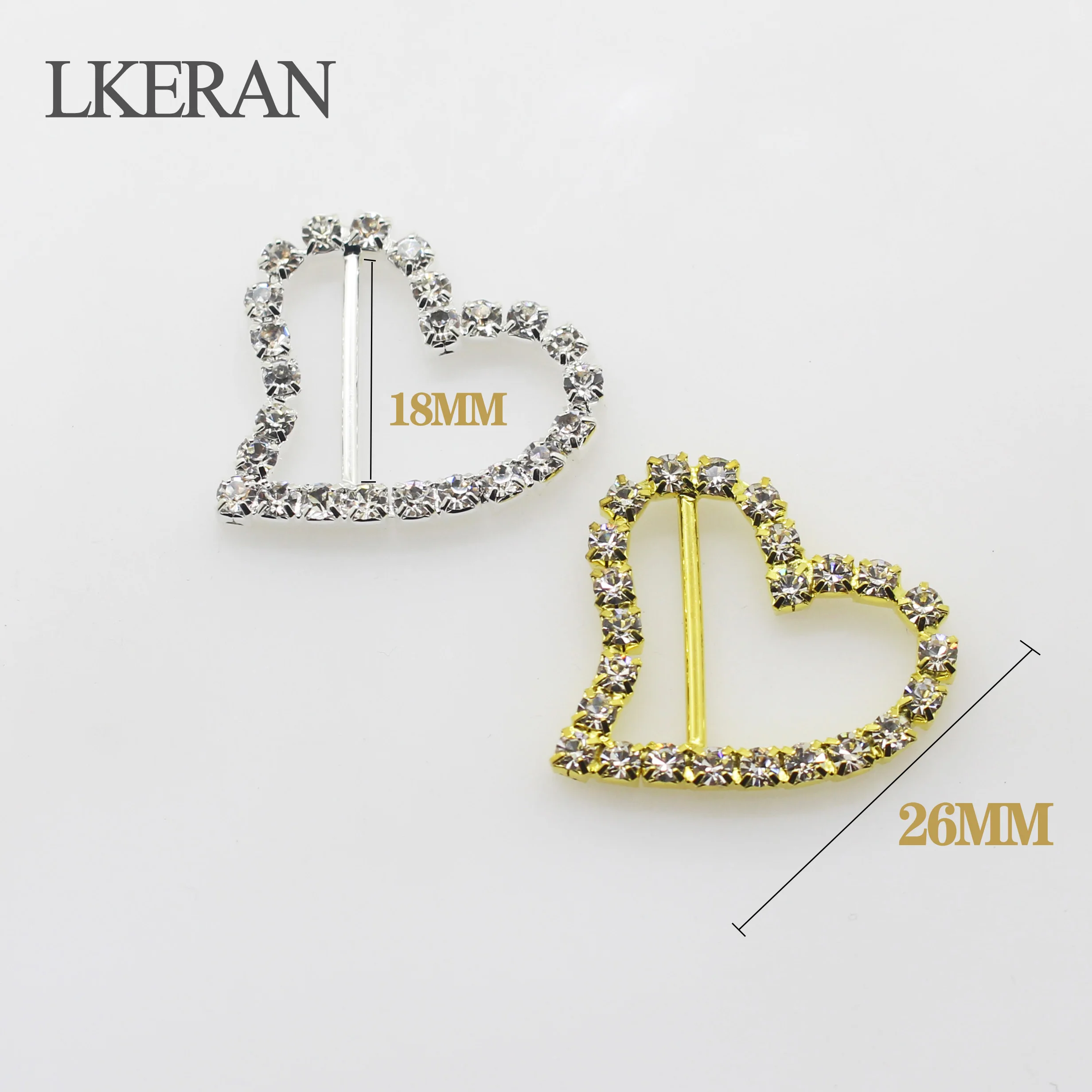 LKERAN Heart Slider buckle Metal Rhinestone buckles 10pcsPcs / Lot Wedding Invitation Ribbon decoration buckle Plated Silver