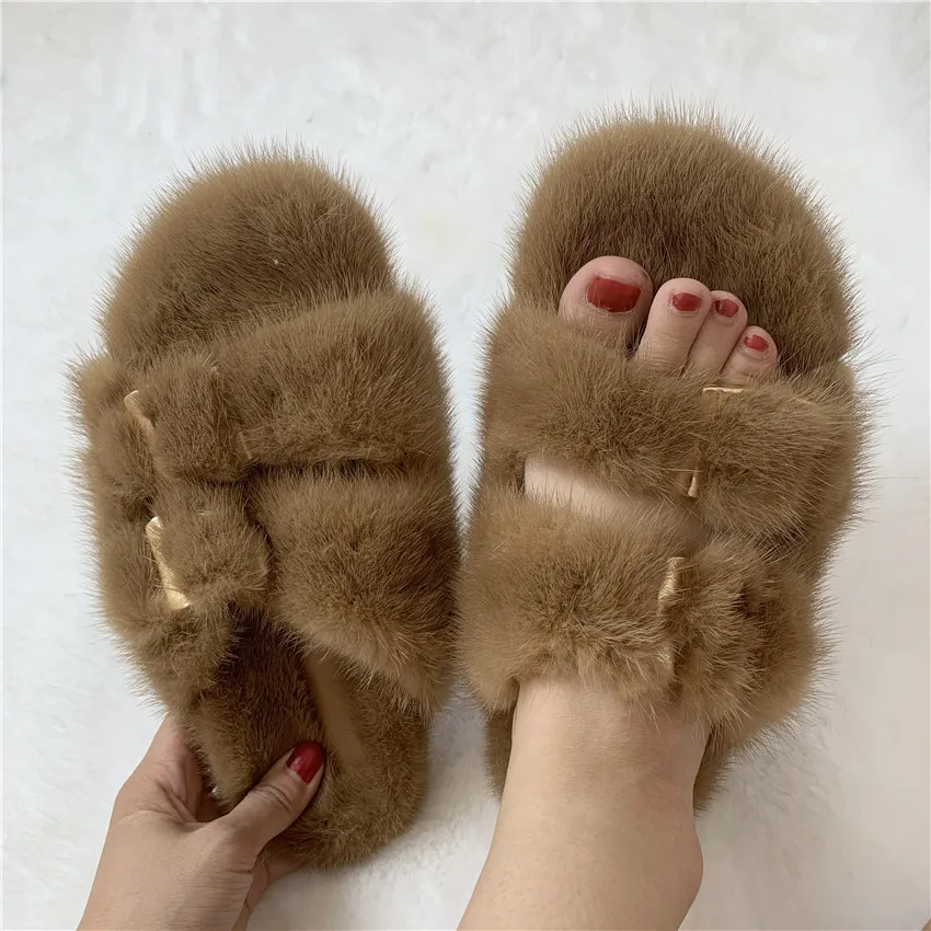 2021Women Slippers 100% High Quality Real Mink Skippers Indoor Home Shoes Flip Flops Oudoor Slides Free Shipping