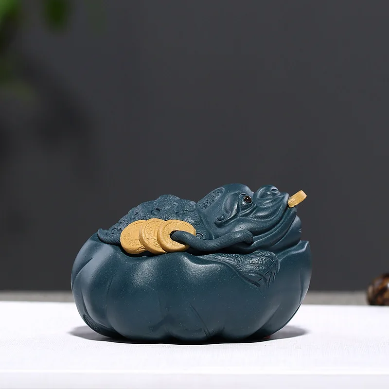 PINNY Yixing Purple Clay Lotus Leaf Gold Toad Tea Pet Ceramic Tea Ceremony Ornaments ZiSha Masco Statues Tabletop Handcrafts