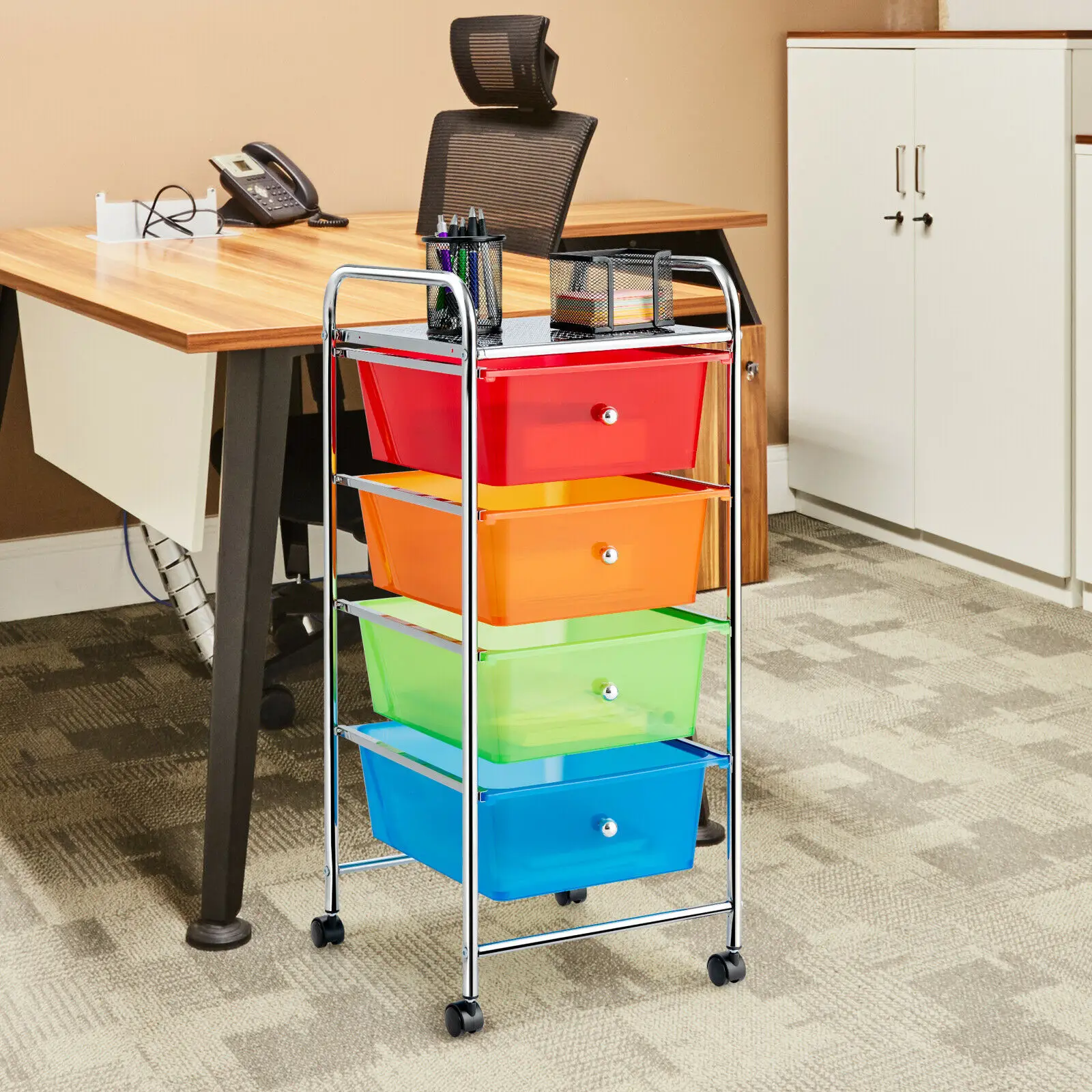 Costway 4-Drawer Cart Storage Bin Organizer Rolling w/Plastic Drawers Rainbow HW55240RB