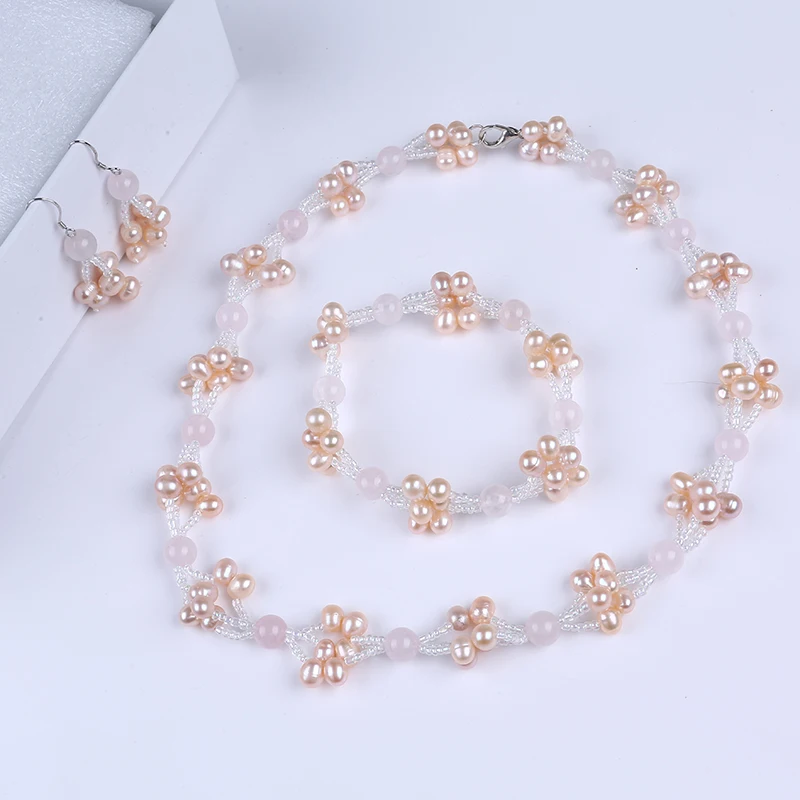 Elegant 5-6mm Rice Pearl Rose Quartz Jewelry Set