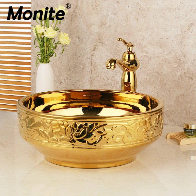 Monite Golden Basin Faucet Ceramic Lavatory Bathroom Tap Washbasin Basin Sink Set Bath Combine Solid Brass Mixer Faucet Overflew