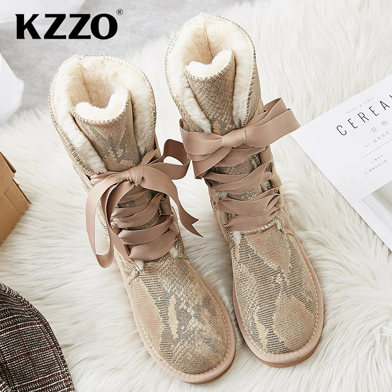 KZZO Top Quality Natural Wool Lined 100% Genuine Leather Winter Snow Boots For Women Casual Knee-high Boots Warm Shoes Non-slip