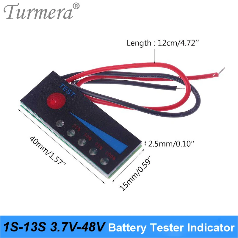 Turmera 4.2V 8.4V 12V 16.8V 18V 24V 25V 36V 48V 1S-13S Battery Tester Capacity Indicator for Screwdriver Battery and E-bike Use