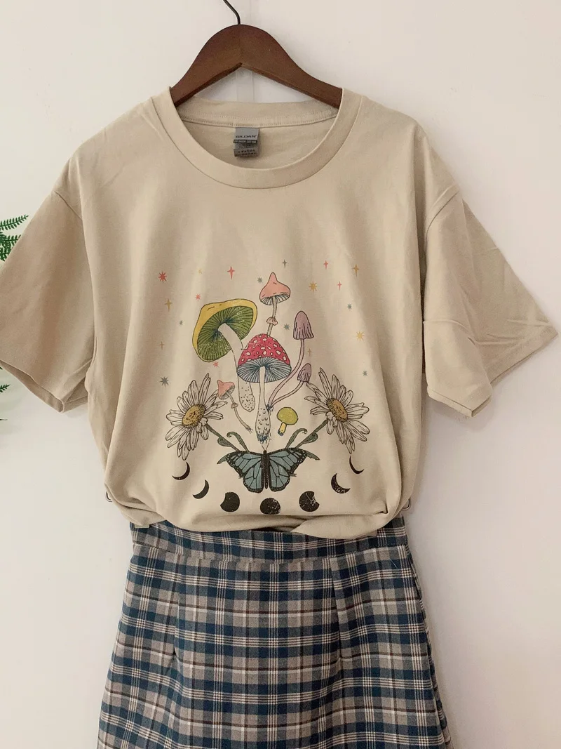 Mushroom moon phrase Harajuku T Shirt Aesthetic Space Cosmic Butterf Short Sleeve O-Neck Tops Women Summer Loose Oversize