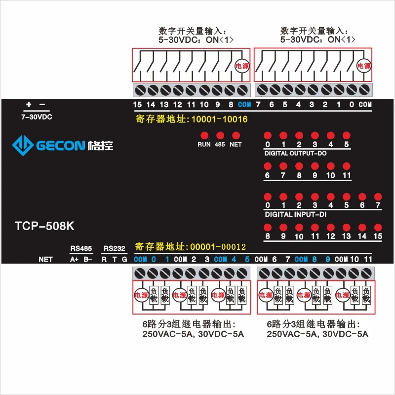 TCP-508K 12DO channel relay output 16DI switch input RJ45 Ethernet module RS485 RS232 Modbus TCP controller