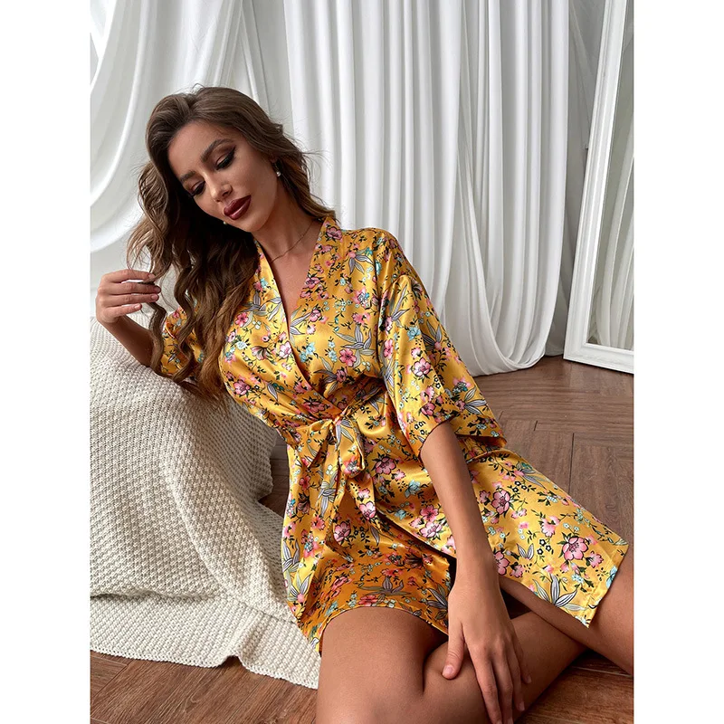 Women Satin Robe Sexy Print Flower Kimono Bathrobe Gown Faux Silk Nightgown Half Sleeve Nightwear Summer New Intimate Lingerie