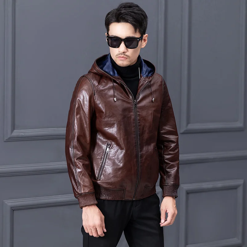 Quality High Mens Casual Genuine Leather Jackets Short Loose Pockets Zippers O-Neck Natural Cowhide Hooded Vintage Outerwear