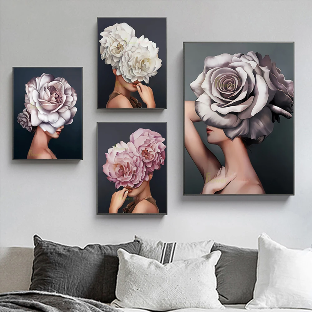 

Modern Women Peony Flower Girl Wall Art Canvas Painting Abstract Nordic Poster Wall Pictures For Living Room Fashion Unframed