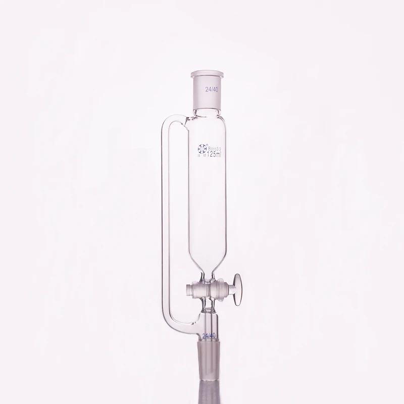 Separatory funnel constant pressure cylindrical shape,standard ground mouth.Capacity 125ml,Joint 24/40+24/40,Glass switch valve