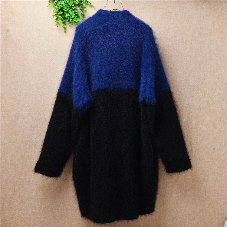 Thick winter long coat women loose patchwork hairy angora rabbit fur knitted o-neck long sleeve cardigan female jackets sweater