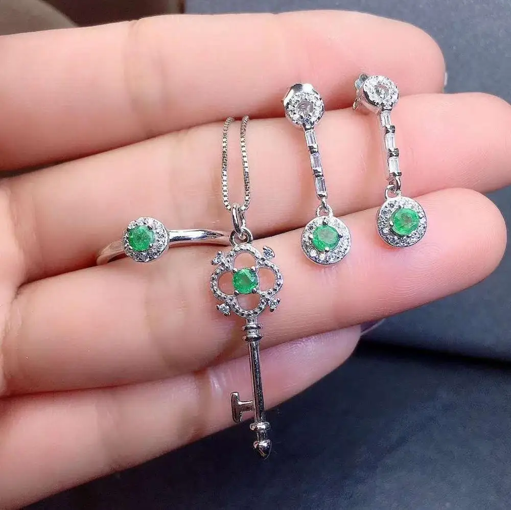 

Real Natural Emerald jewelry set Natural Real Emerald 925 sterling silver 1pc pendant,1pc ring,2pcs Earring