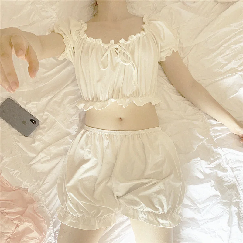 Cute Japanese White Pajama Sets Women Cotton Underwear Sexy Sleepwear T Shirt and Shorts 2 Pcs for Girl Casual Homewears Clothes