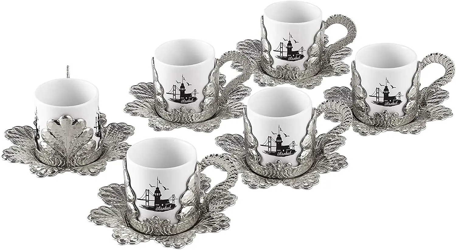 LaModaHome Maiden's Tower Printed Cups with Saucers Set of 6, Porcelain Turkish Arabic Greek Coffee Cup and Saucer, coffee Cup f