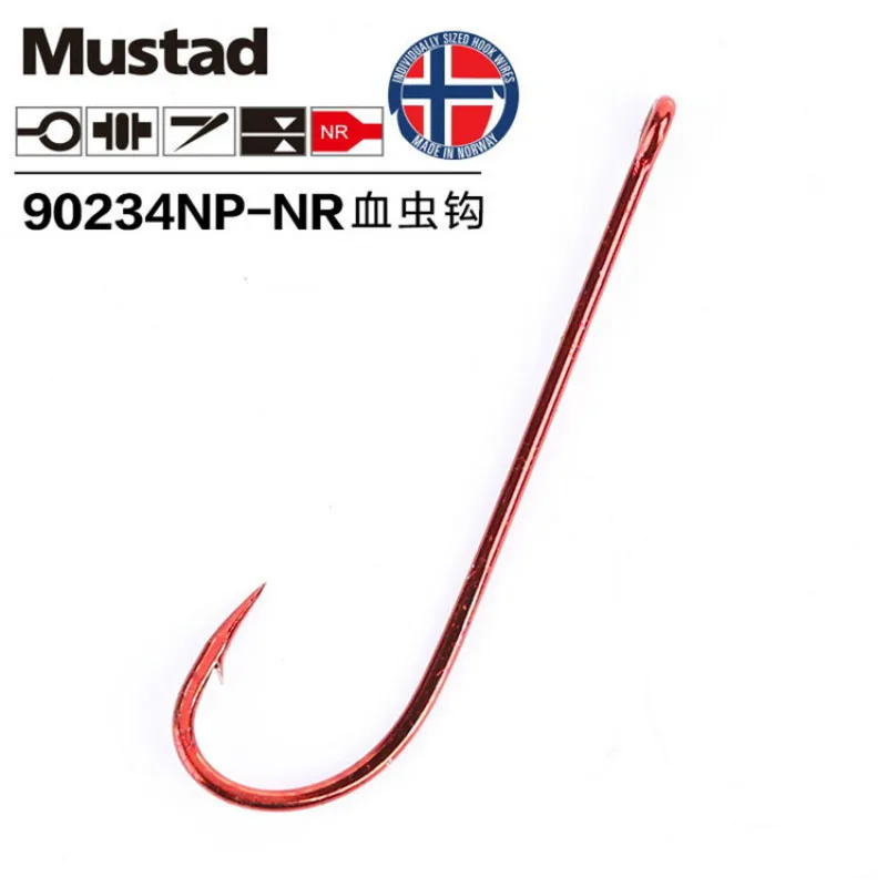 Original Mustad Hooks for Sea Fishing Pesca 90234 High Carbon Steel Hook Blood Worm Hooks Bait Barbed Peche Long Handle Hooks