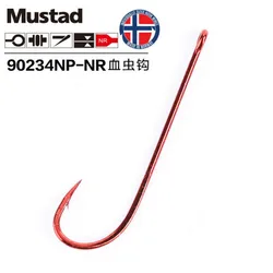 Ganchos mustad originais para pesca marítima, gancho de aço de alto carbono 90234, ganchos de minhoca de sangue, isca farpada, peche, alça longa