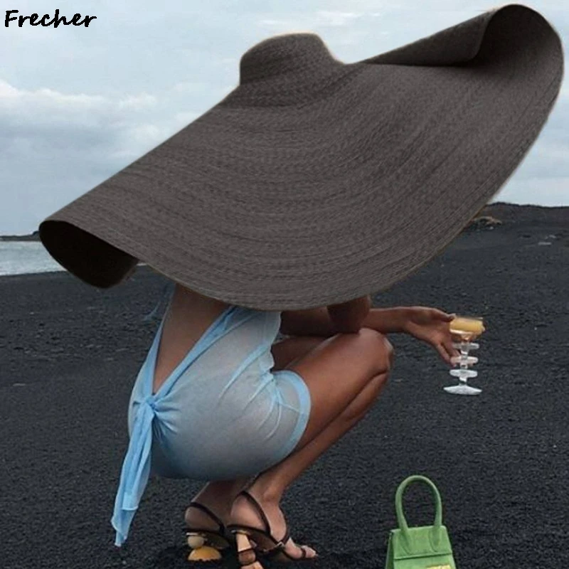 80CM Fashion Large Sun Hat Summer Anti-UV Protection Foldable Straw Cap Woman Cover Oversized Collapsible Sunshade Beach Hat