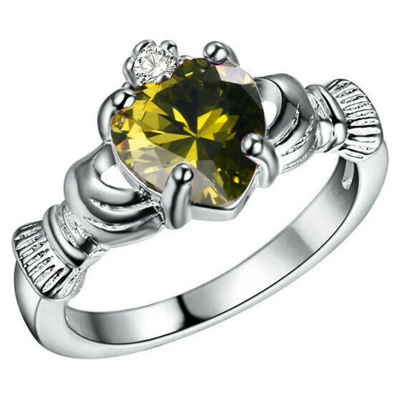 Women Silver Color Zircon Crown Wedding Engagement Claddagh Ring Size 6-10