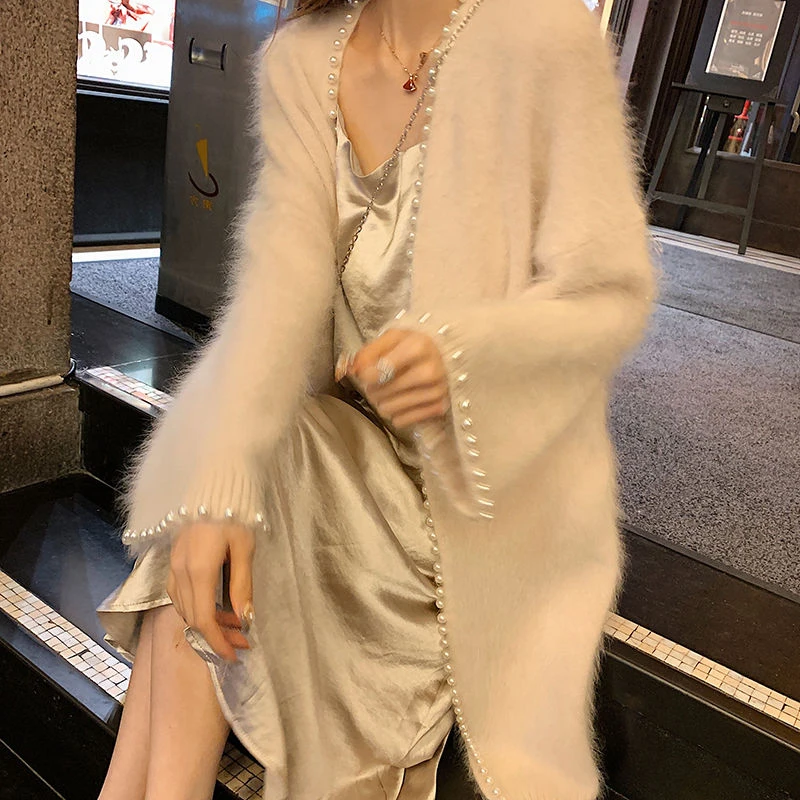 Chic Fashion Fall Winter Mohair Knitted Long Cardigan Coats Elegant Women Soft Warm Mink Cashmere Pearl Beading Loose Outerwear