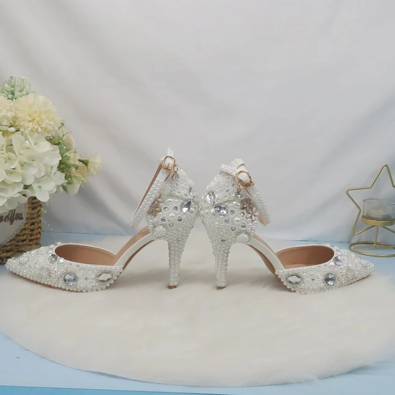 Womens Wedding Shoes Bridal Sandals Shoes Woman Thin Heel Crystal Party Dress Shoes Woman High Pumps white Pearl Wedding shoes