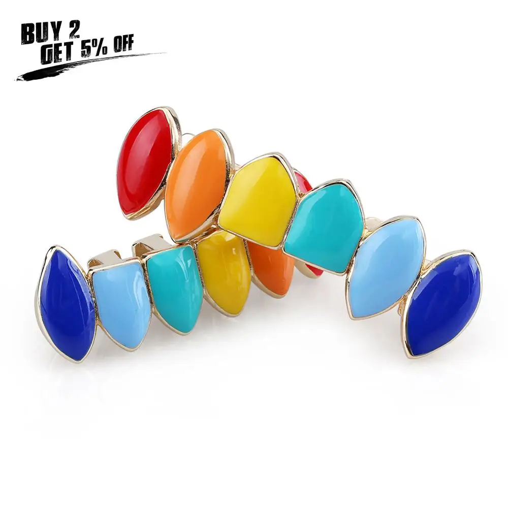 JINAO HipHop Rainbow Gold Silver color Teeth Grillz Top & Bottom Grills Dental Mouth Cosplay Party Tooth Punk Body Jewelry Gifts